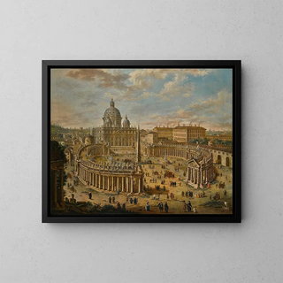 Panoramic view painting of St. Peter's Square with the basilica beyond - Jacopo Fabris — framed artwork on a wall