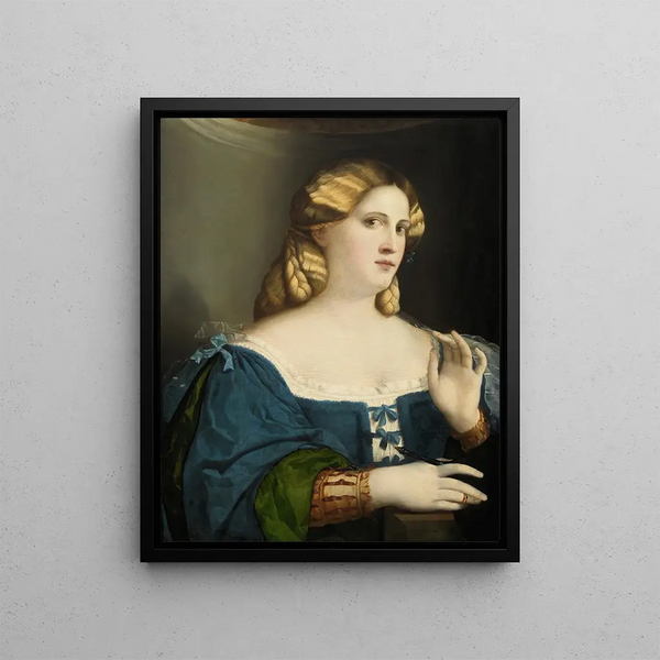 Young woman in a blue dress with fan - Jacopo Palma the Elder — framed artwork on a wall
