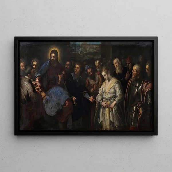 The Christ and the Woman Caught in Adultery - Jacopo Tintoretto — framed artwork on a wall