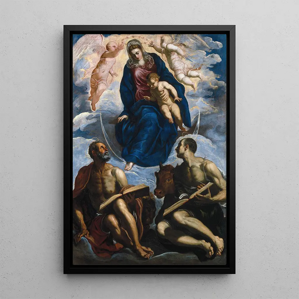 Marie with the Child venerated by Saint Mark and Saint Luke - Jacopo Tintoretto — framed artwork on a wall
