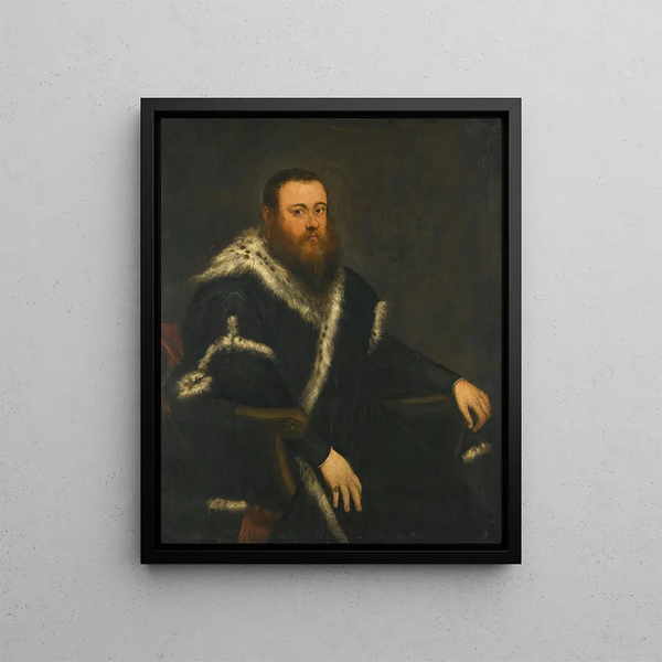 Portrait of a bearded man in a black robe with fur - Jacopo Tintoretto — framed artwork on a wall