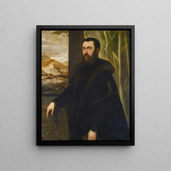 Portrait of a man with a view of a landscape - Jacopo Tintoretto — framed artwork on a wall