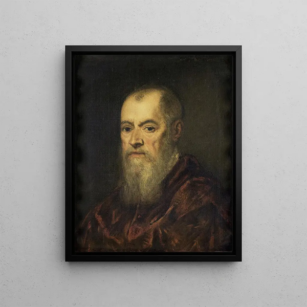 Portrait of a Man in a Red Coat - Jacopo Tintoretto — framed artwork on a wall