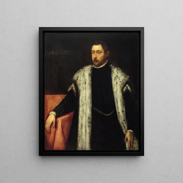 Young man of twenty-five years with a fur-lined coat - Jacopo Tintoretto — framed artwork on a wall