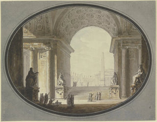 Vue à travers une voûte en berceau à caissons sur une place inspirée de la place Saint-Pierre à Rome, avec au sommet un bâtiment ressemblant au Panthéon romain. - Jacques-François Blondel — artwork view