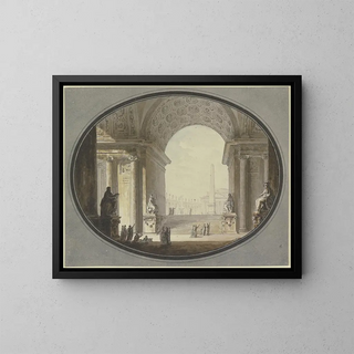 Vue à travers une voûte en berceau à caissons sur une place inspirée de la place Saint-Pierre à Rome, avec au sommet un bâtiment ressemblant au Panthéon romain. - Jacques-François Blondel — framed artwork on a wall