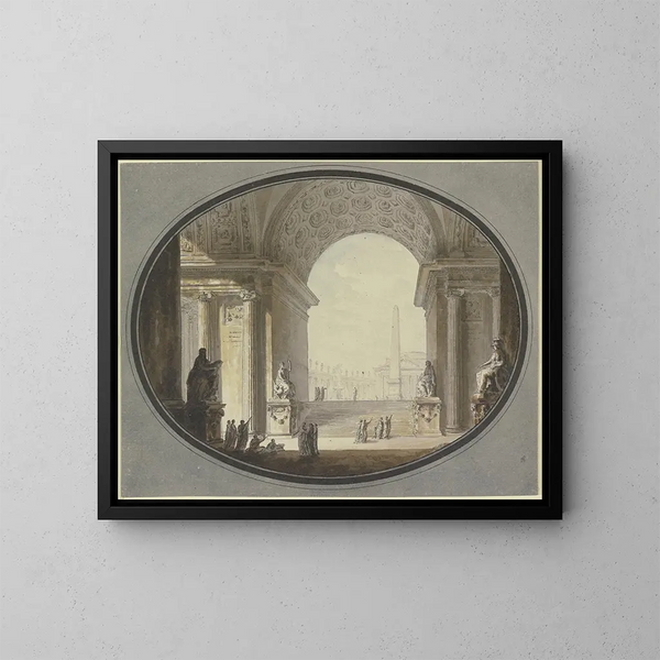 Vue à travers une voûte en berceau à caissons sur une place inspirée de la place Saint-Pierre à Rome, avec au sommet un bâtiment ressemblant au Panthéon romain. - Jacques-François Blondel — framed artwork on a wall