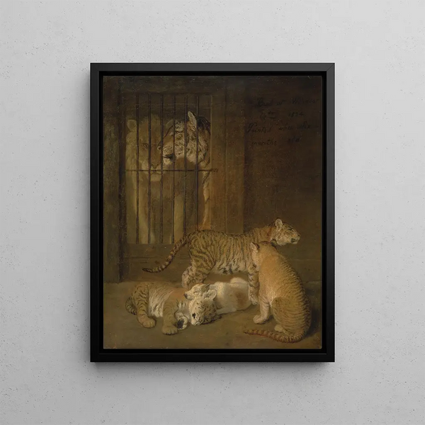 a group of puppies born between a lion and a tigress - Jacques-Laurent Agasse — framed artwork on a wall
