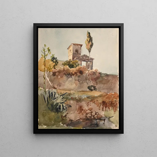 Garden and church with antique portico - Jacques-Raymond Brascassat — framed artwork on a wall