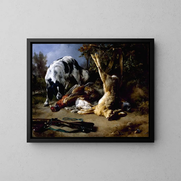 Spaniel with a still life of dead game - Jacques-Raymond Brascassat — framed artwork on a wall