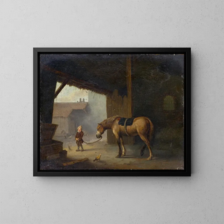 Boy with a Horse in a Stable - Jacques Albert Senave — framed artwork on a wall