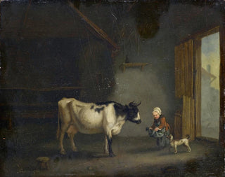 Girl with a cow in a stable - Jacques Albert Senave — artwork view