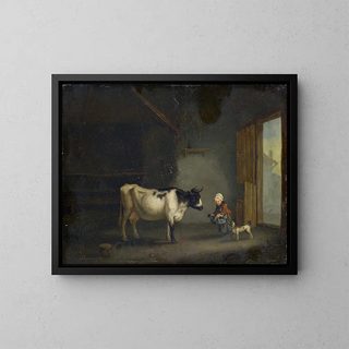 Girl with a cow in a stable - Jacques Albert Senave — framed artwork on a wall