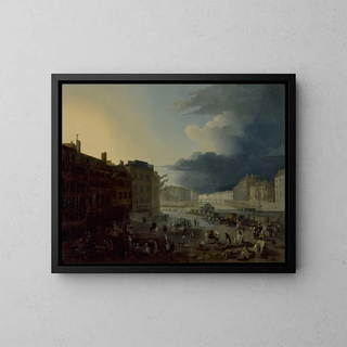 The Red Bridge and the Spires of Saint-Louis and the Cité seen from the wheat port - Jacques Albert Senave — framed artwork on a wall