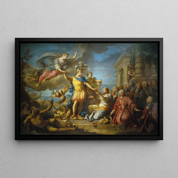 Allégorie en l'honneur de la publication de la paix d'Aix-la-Chapelle le 13 février 1749 - Jacques Dumont — framed artwork on a wall