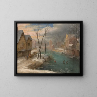 Snowy Village Scene with Characters - Jacques Fouquier — framed artwork on a wall