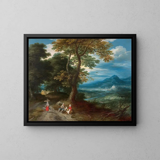 Travelers on a Path in a Landscape - Jacques Fouquières — framed artwork on a wall