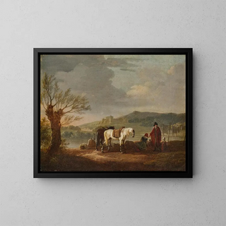 Landscape with Riders and Laundresses - Jacques François Joseph Swebach-Desfontaines — framed artwork on a wall