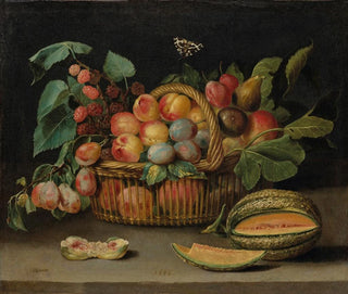 Still life with fruits in a wicker basket and a cut melon - Jacques Linard — artwork view