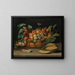 Still life with fruits in a wicker basket and a cut melon - Jacques Linard — framed artwork on a wall