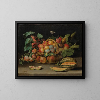 Still life with fruits in a wicker basket and a cut melon - Jacques Linard — framed artwork on a wall