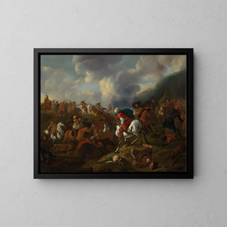 a Cavalry Encounter between Turkish Troops and the Troops of the Austrian Emperor - Jacques Muller — framed artwork on a wall