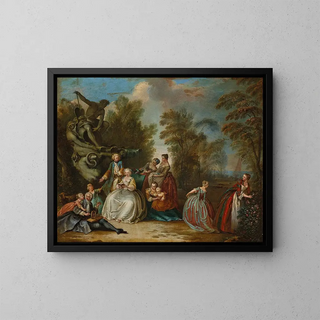 Characters around a fountain reading and spinning - Jacques Sébastien Leclerc — framed artwork on a wall