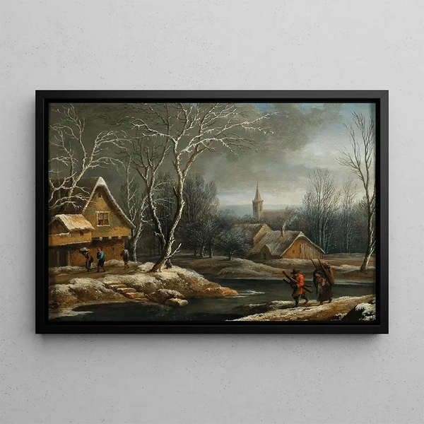 Winter landscape painting with peasants gathering wood - Jacques d'Arthois — framed artwork on a wall