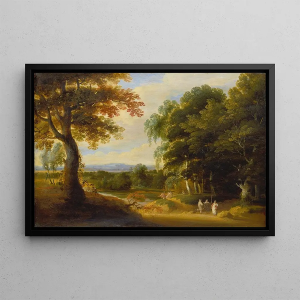 Landscape painting with forest entrance - Jacques d'Arthois — framed artwork on a wall