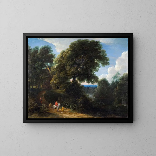 Landscape painting with a rider in red - Jacques d'Arthois — framed artwork on a wall