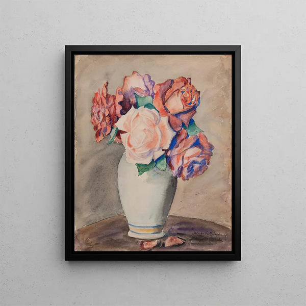 Roses dans un vase blanc - Jadwiga Gazowska — framed artwork on a wall