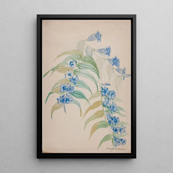 Twigs with blue flowers - Jadwiga Gazowska — framed artwork on a wall