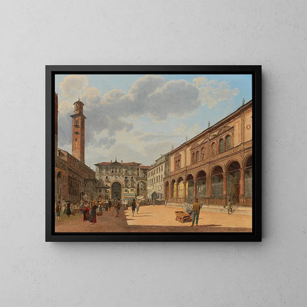 Vue de la Piazza delle Erbe à Vérone - Jakob Alt — framed artwork on a wall
