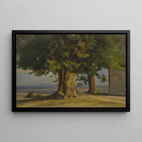 Old tree and view of a vast plain - Jakob Becker — framed artwork on a wall