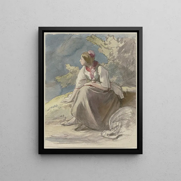 a seated peasant painting on a lawn bench on the left - Jakob Becker — framed artwork on a wall