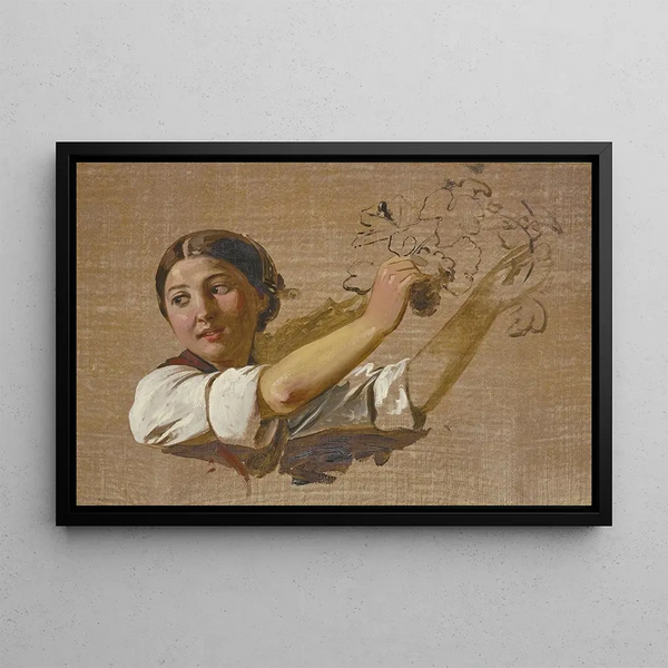 Portrait painting of a young peasant woman - Jakob Becker — framed artwork on a wall
