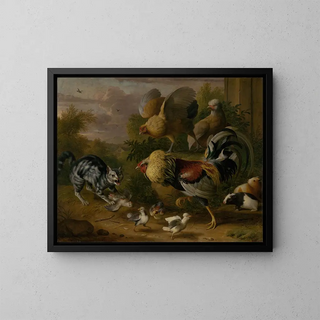 A cat among roosters - Jakob Bogdani — framed artwork on a wall