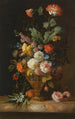 Nature morte de roses et autres fleurs dans un vase en métal sur un rebord de marbre - Jakob Bogdány — artwork view