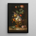 Nature morte de roses et autres fleurs dans un vase en métal sur un rebord de marbre - Jakob Bogdány — framed artwork on a wall