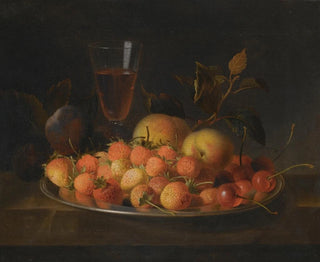 Still life with strawberries, cherries, and peaches on a silver platter - Jakob Bogdány — artwork view