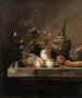 Still life with fruits, a wine bottle in a basket, and a large Roman - Jakob Bogdány — artwork view