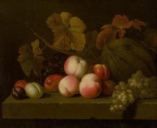 Still life with peaches, grapes, plums, and melon - Jakob Bogdány — artwork view