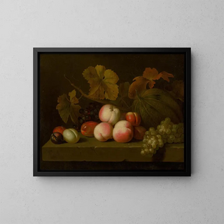 Still life with peaches, grapes, plums, and melon - Jakob Bogdány — framed artwork on a wall