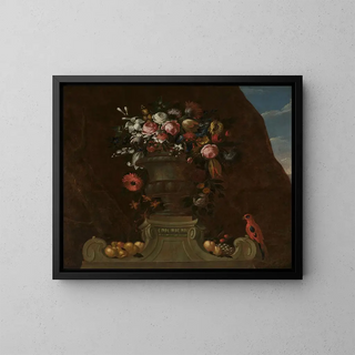 Nature morte avec un perroquet - Jakob Bogdány — framed artwork on a wall