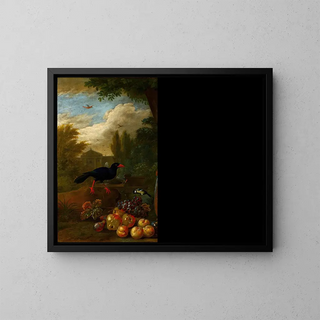 Two parrots, a cockatoo and a jay with fruits - Jakob Bogdány — framed artwork on a wall