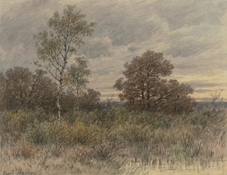 Rainy landscape painting with oaks and birches in marshy terrain - Jakob Maurer — artwork view