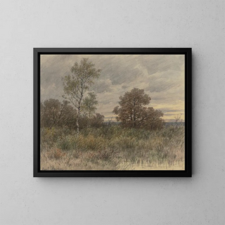 Rainy landscape painting with oaks and birches in marshy terrain - Jakob Maurer — framed artwork on a wall
