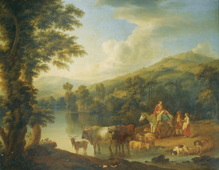 a wooded river landscape with a woman on a gray horse and animals drinking water - Jakob Philipp Hackert — artwork view