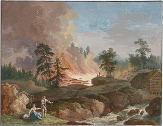 A Swedish landscape with peasants burning wood and a couple resting near a stream - Jakob Philipp Hackert — artwork view