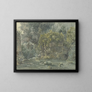 Landscape wooded with ruin by a stream - Jakob Philipp Hackert — framed artwork on a wall